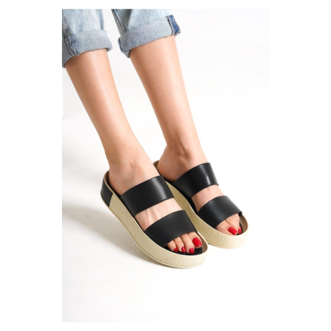 Capone Outfitters Capone Double-Stripes with Colorful Detailed Wedge Heels Women's Black Slipper