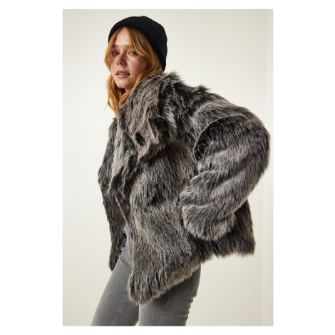 Happiness İstanbul Gray Premium Wide Collar Faux Fur Jacket