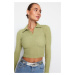 Trendyol Green Premium Textured Fabric Polo Neck Fitted Crop Knitted Blouse