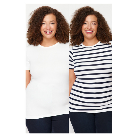 Trendyol Curve White-Navy Blue Striped 2 Pack Viscose Stretchy Knitted Blouse