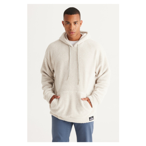 AC&Co / Altınyıldız Classics Men's Beige Oversize Wide-Fit Hooded Sherpa Sweatshirt Fleece