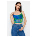 Trendyol Green Patterned Fitted/Simple Crop with Straps and Tulle Stretch Knitted Blouse