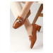 Mio Gusto Carolyn Tan Patent Leather Flat Toe Buckle Women's Short Heeled Shoes with Accessory.