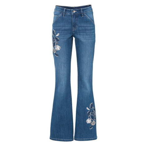 Zvonové džínsy s kvetovanou výšivkou bonprix