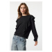 Trendyol Black Ruffle Detailed Relaxed Knitted Sweatshirt