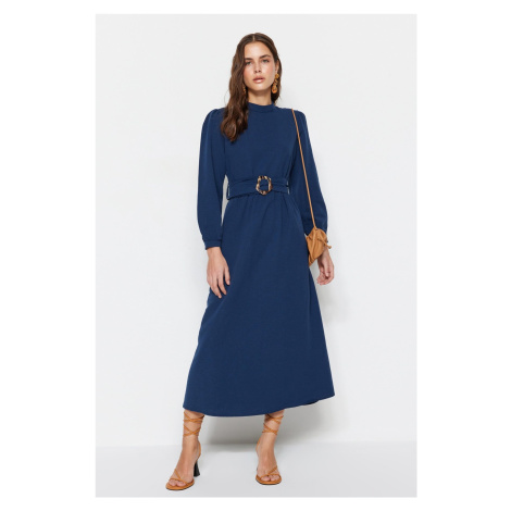 Trendyol Navy Blue Linen-Looking Woven Dress with a Stand-Up Collar with a Belt