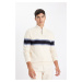 DEFACTO Beige Standard Fit Regular Cut Semi-Zipped Stand Collar Striped Knitwear Sweater