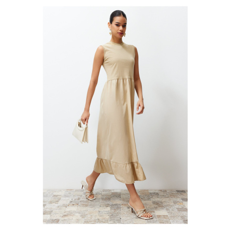 Trendyol Beige Frilled Skirted Jersey-Poplin Sleeveless Knitted Undershirt Dress