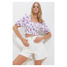 Trend Alaçatı Stili Women's Lilac-White Square Collar Watermelon Sleeve Gimped Crop Linen Blouse