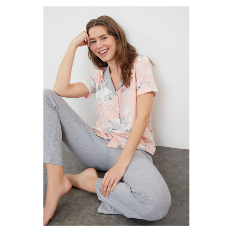 Trendyol Grey 100% Cotton Floral Knitted Pajamas Set