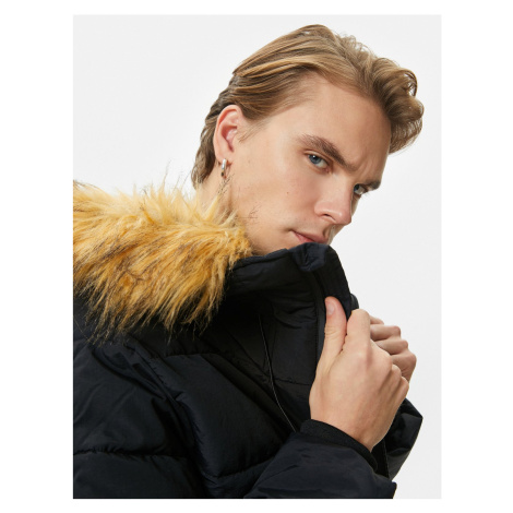 Koton Puffer Jacket Hooded Faux Fur Collar Detailed Zipper Pocket