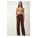 Happiness İstanbul Women's Brown Velcro Waist Comfortable Palazzo Pants