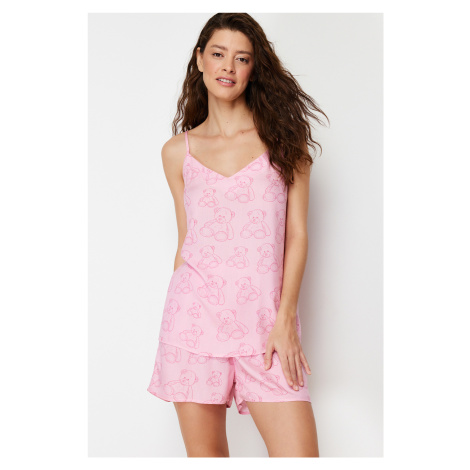 Trendyol Pink Teddy Bear Patterned Rope Strap Viscose Woven Pajama Set