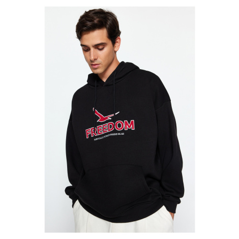Trendyol Black Oversize/Wide-Fit Hooded Mesh Embroidered Fleece Inside Cotton Sweatshirt