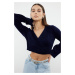 Trendyol Navy Blue Crop Soft Textured Double Breasted Knitwear Sweater