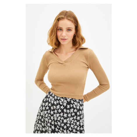 Trendyol Camel Polo Neck Crop Knitted Blouse