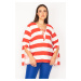 Şans Women's Plus Size Red Collar Striped Blouse with Eyelets and Lace-Up Detail with a Sleeve S