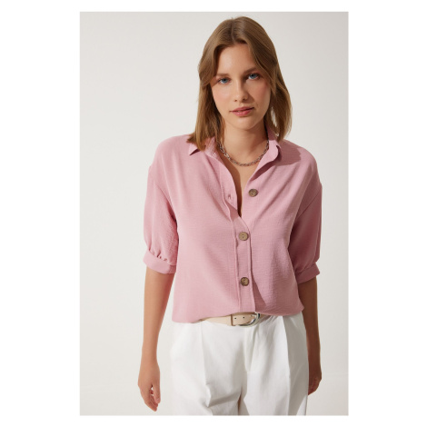 Happiness İstanbul Women's Pink Balloon Sleeve Linen Ayrobin Shirt