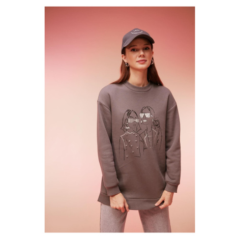 DEFACTO Regular Fit Crew Neck Embroidered Soft Fuzzy Thin Sweatshirt Tunic