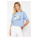 Trendyol Blue Relaxed/Comfortable Pattern Printed Crew Neck Crop Knitted T-Shirt