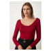 Happiness İstanbul Women's Burgundy Wide U-Neck Viscose Knitted Blouse