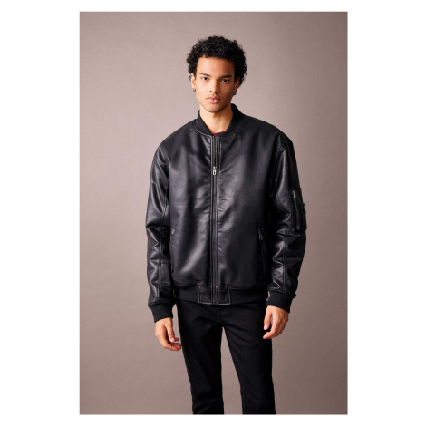 DEFACTO Oversize Fit Faux Leather Bomber Jacket
