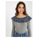 Grey and dark blue blouse with lace boat neckline