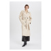 DEFACTO Water Repellent Faux Leather Trench Coat Double Breasted Collar Buttoned Belt Pocket