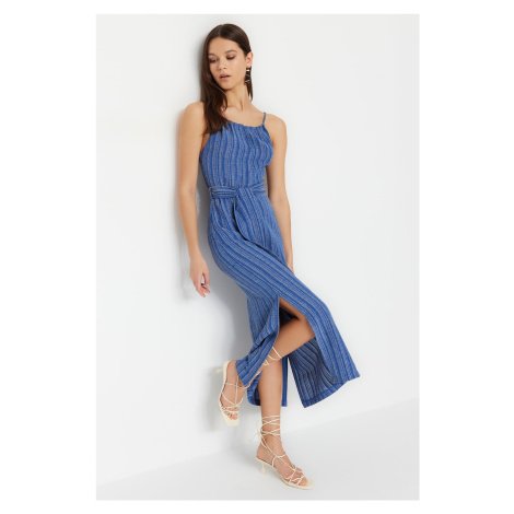 Trendyol Indigo Belted Slit Detail Shift/Straight Cut Midi Woven Dress