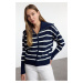 Trendyol Navy Blue Wide Cut Turn-down Collar Zippered Knitwear Cardigan