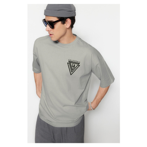 Trendyol Gray Oversize/Wide Cut City Printed 100% Cotton Short Sleeve T-Shirt