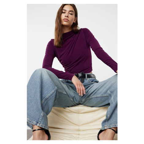 Trendyol Plum Gathered Square Neck Fitted Stretchy Knitted Blouse