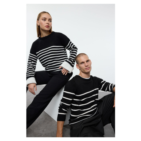 Trendyol Black Casual Slim Slim Fit Couple Crew Neck Striped Knitwear Sweater