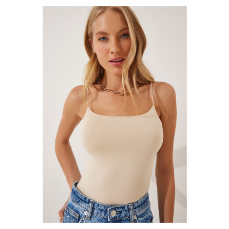 Happiness İstanbul Women's Cream Knitted Body Blouse with Rope Straps