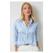 Happiness İstanbul Women's Blue and White Striped Draped Satin Look Shirt