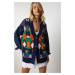 Happiness İstanbul Women's Navy Orange Denim Sleeve Detailed Patterned Knitwear Cardigan