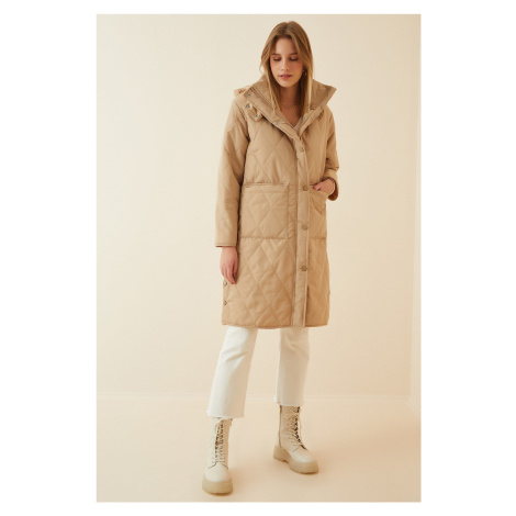 Happiness İstanbul Women's Cream Pocket Hooded Oversize Quilted Coat