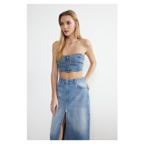 Trendyol Blue Front Buttoned Strapless Collar Mini Denim Bustier