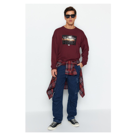 Trendyol Claret Red Men's Oversize/Wide-Fit Crew Neck Galaxy Printed Cotton Sweatshirt.