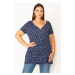 Şans Women's Plus Size Navy Blue Butterfly-Print Blouse with V-neck and Front Patties