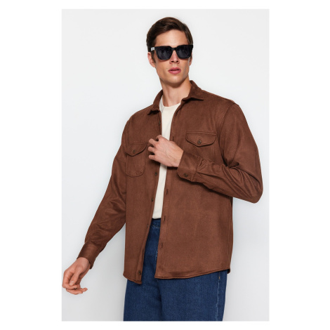 Trendyol Brown Regular Fit Double Pocket Suede Winter Shirt