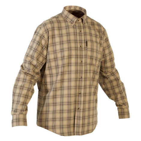 Pánska poľovnícka bavlnená károvaná košeľa 100 s dlhým rukávom priedušná béžová SOLOGNAC