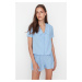 Trendyol Blue 100% Cotton Collar Detailed Shirt-Shorts Woven Pajama Set