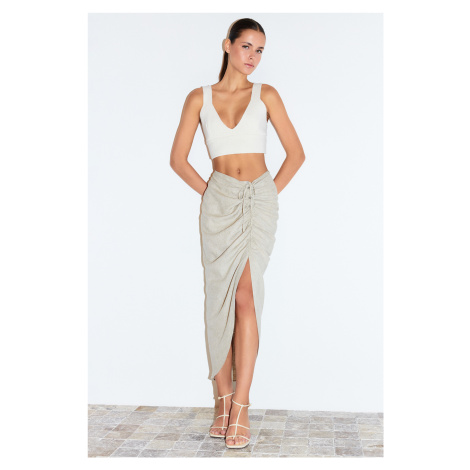 Trendyol Beige Gather Detailed Cotton Linen Blend Midi Length Woven Skirt