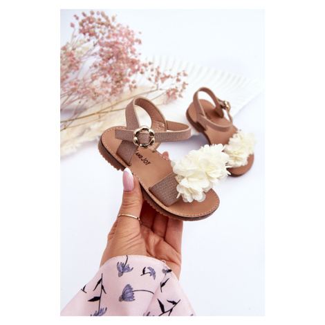 Fashionable children's sandals with flowers Beige-Gold Poly