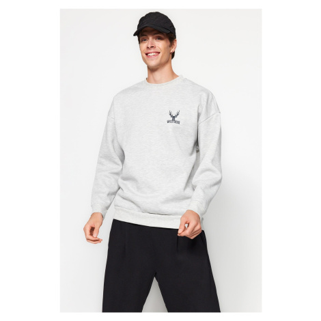 Trendyol Gray Melange Oversize/Wide Cut Long Sleeve Animal Embroidery Sweatshirt