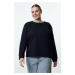 Trendyol Curve Navy Blue Regular Pattern Back Printed Crew Neck Knitted Sweatshirt