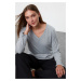 Trendyol Gray Melange 100% Cotton Regular/Normal Fit Basic V-Neck Long Sleeve Knitted T-Shirt