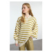 Trendyol Oil Green Striped Balloon Sleeve Polo Neck Knitted Sweater