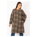 Şans Women's Milk and Coffee Checkered Printed Buttoned Faux Leather Coat with Garnish, Unlined 